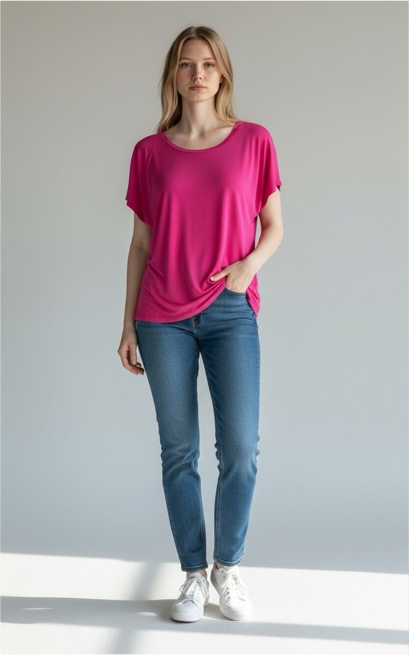 Chico's Size 2 Large Bright Pink Slinky Short Sleeve Dolman High Low T-shirt
